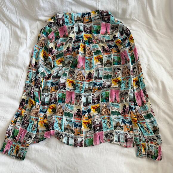 Alice + Olivia Willa Wanderlust Postcard Print Button Up Shirt Size S - Picture 6 of 6
